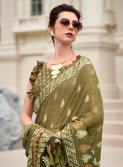 Olive Mul Mul Silk Easy/Readymade Saree