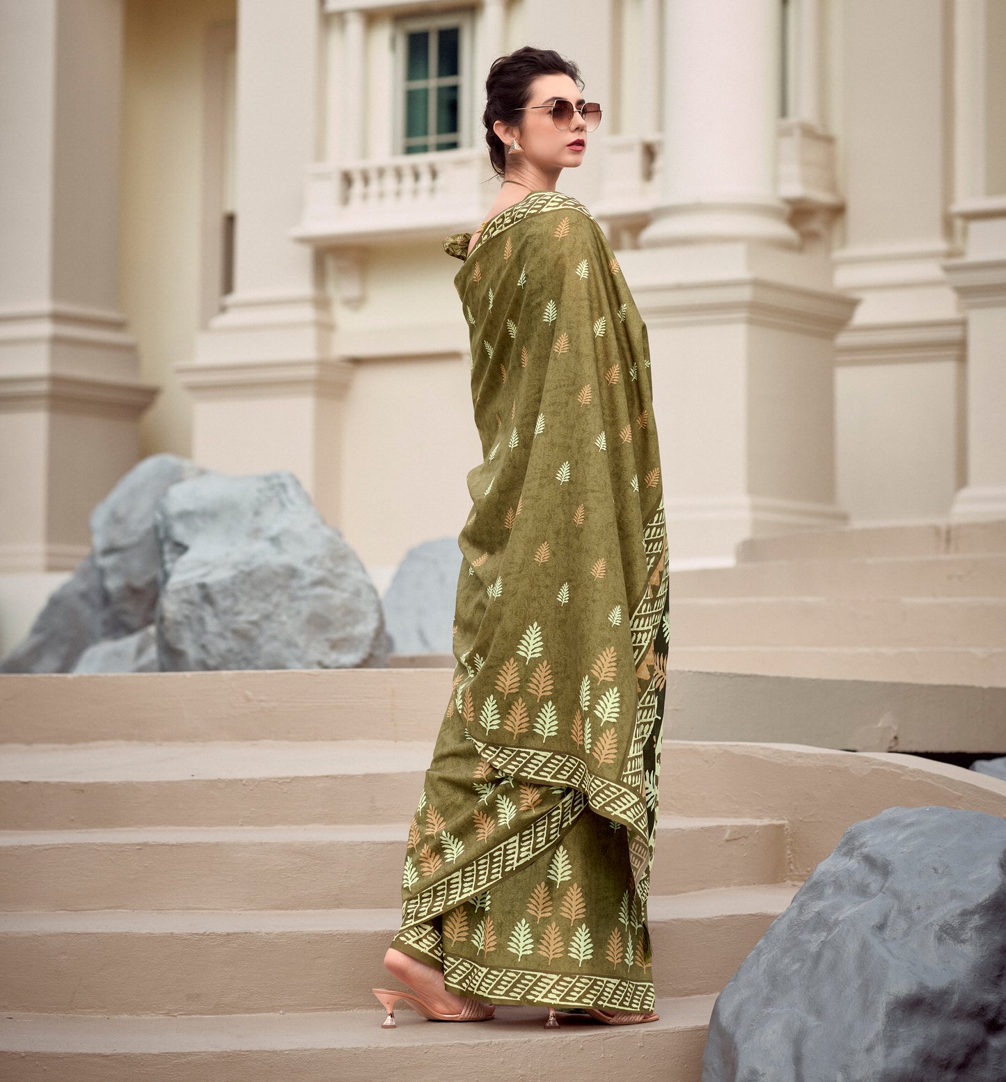 Olive Mul Mul Silk Easy/Readymade Saree