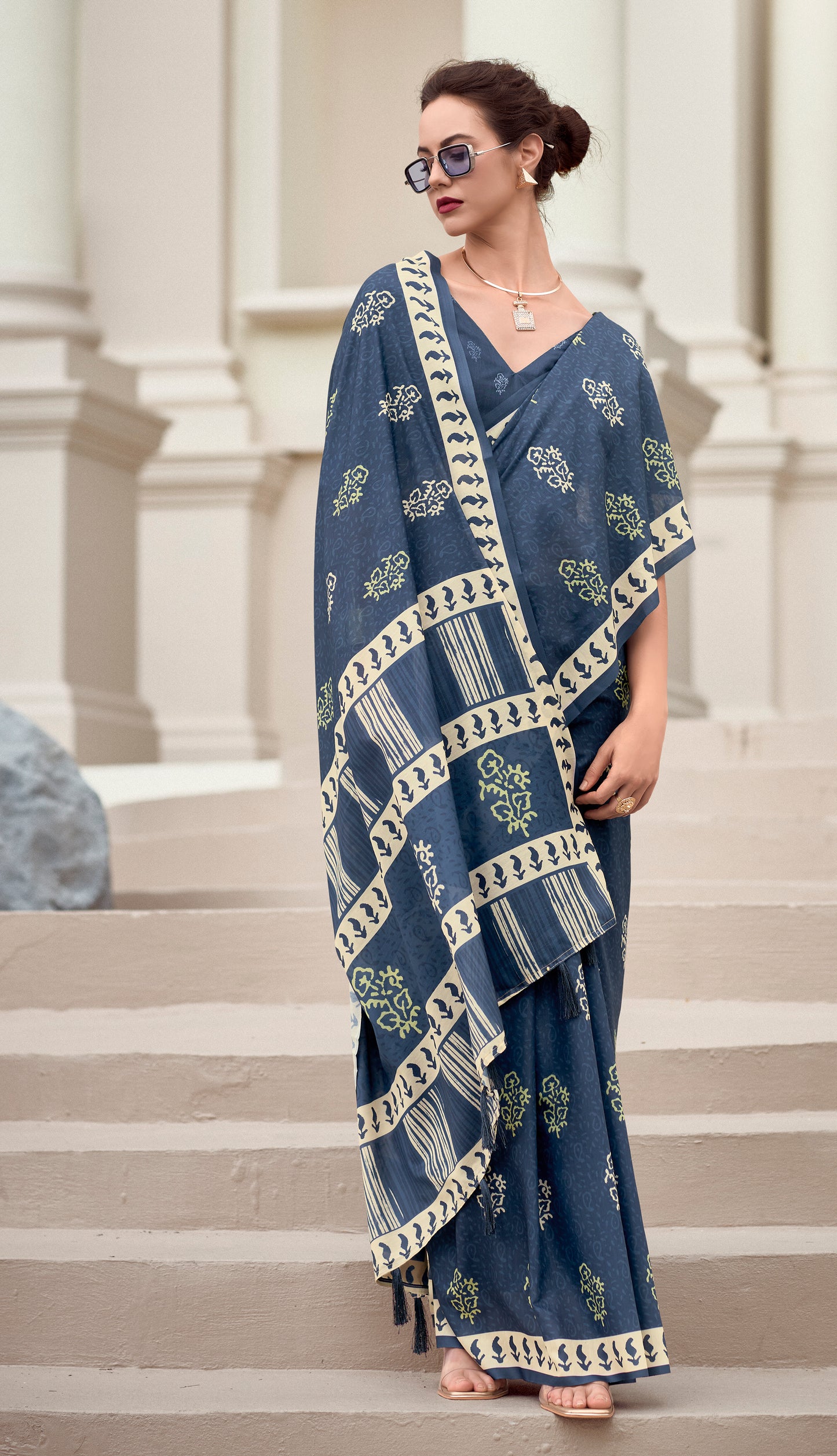 Yale Blue Mul Mul Silk Easy/Readymade Saree