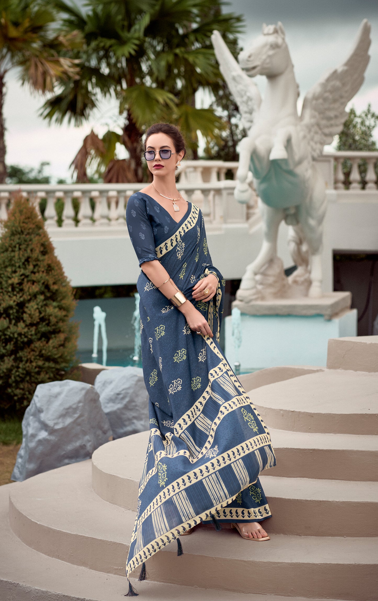 Yale Blue Mul Mul Silk Easy/Readymade Saree