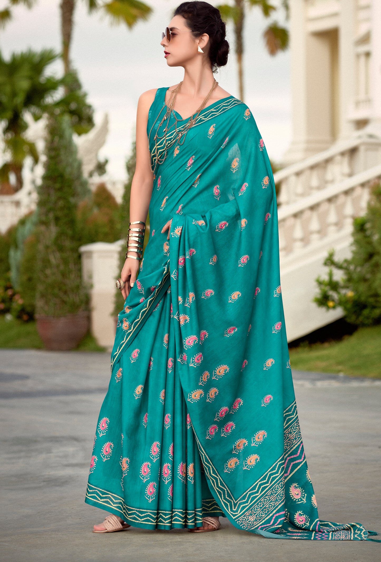 Turquoise Mul Mul Silk Easy/Readymade Saree