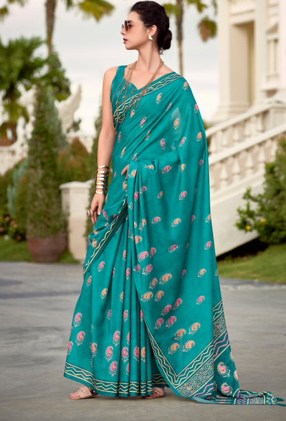 Turquoise Mul Mul Silk Easy/Readymade Saree