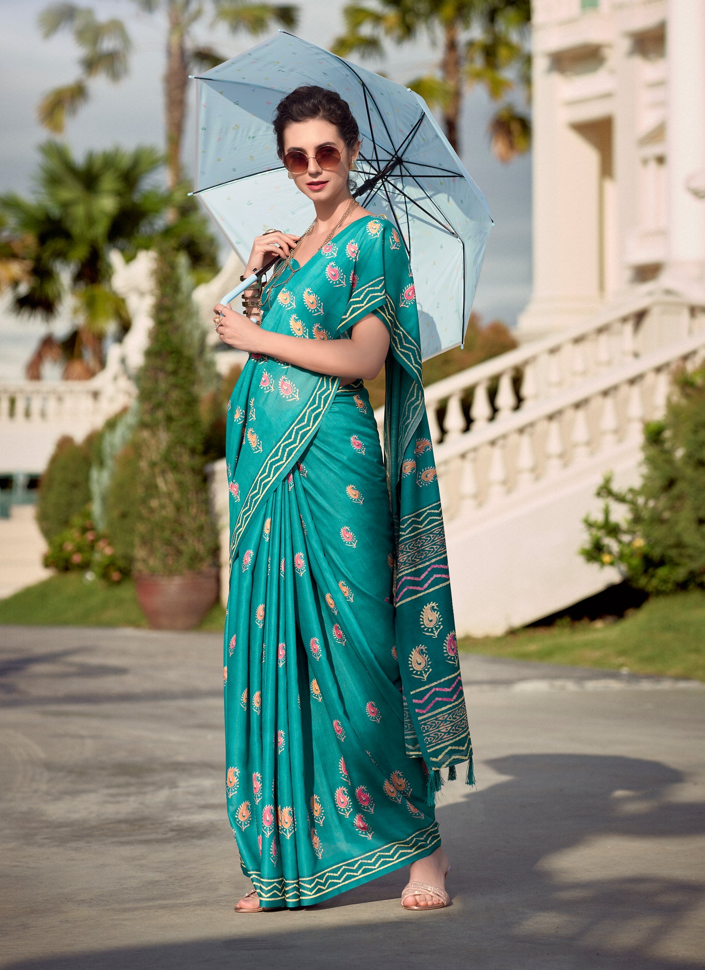 Turquoise Mul Mul Silk Easy/Readymade Saree