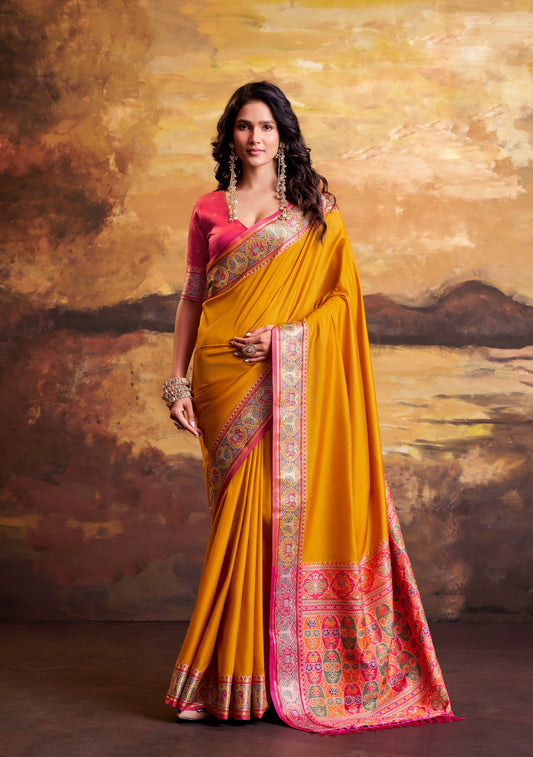Mustard Yellow Patola Silk Ready To Wear/Easy Saree by Stylebypanaash 