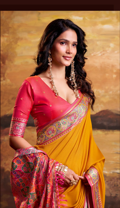 Mustard Yellow Patola Silk Ready To Wear/Easy Saree by Stylebypanaash 
