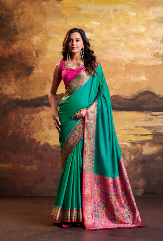 Teal Green Patola Silk Ready To Wear/Easy Saree by Stylebypanaash 
