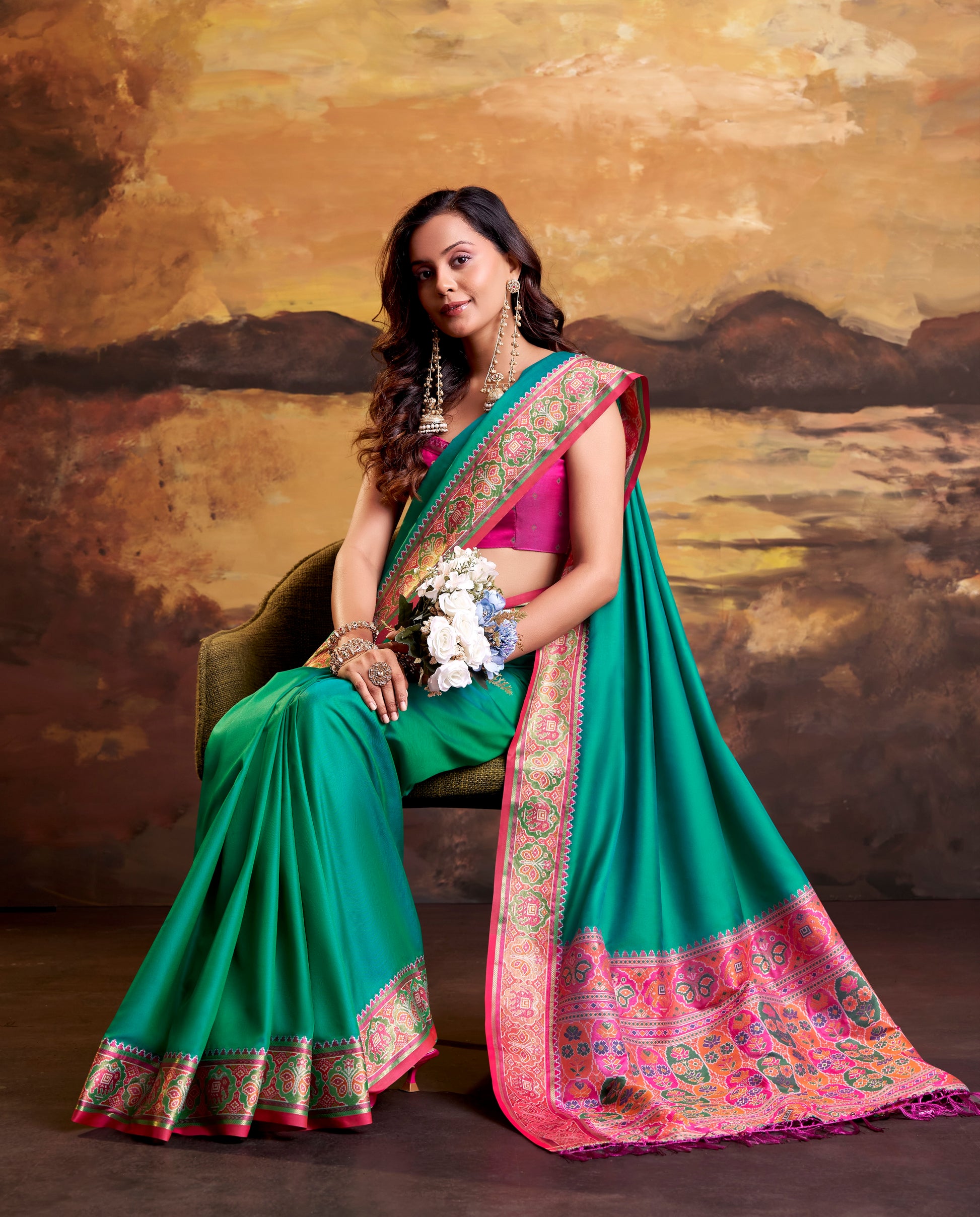 Teal Green Patola Silk Ready To Wear/Easy Saree by Stylebypanaash 