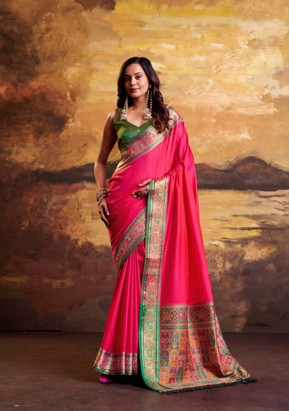Fuchsia Pink Patola Silk Ready To Wear/Easy Saree by Stylebypanaash 