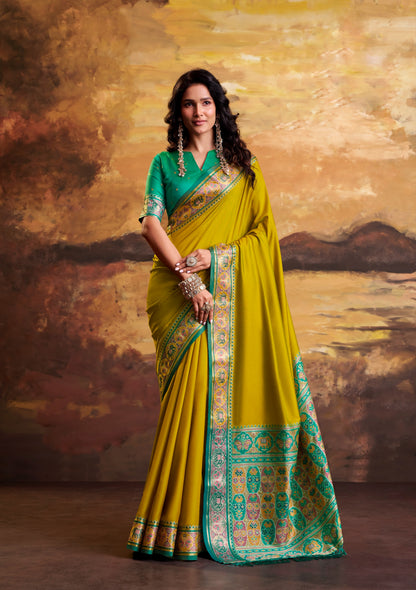 Lime Yellow Patola Silk Ready To Wear/Easy Saree by Stylebypanaash 