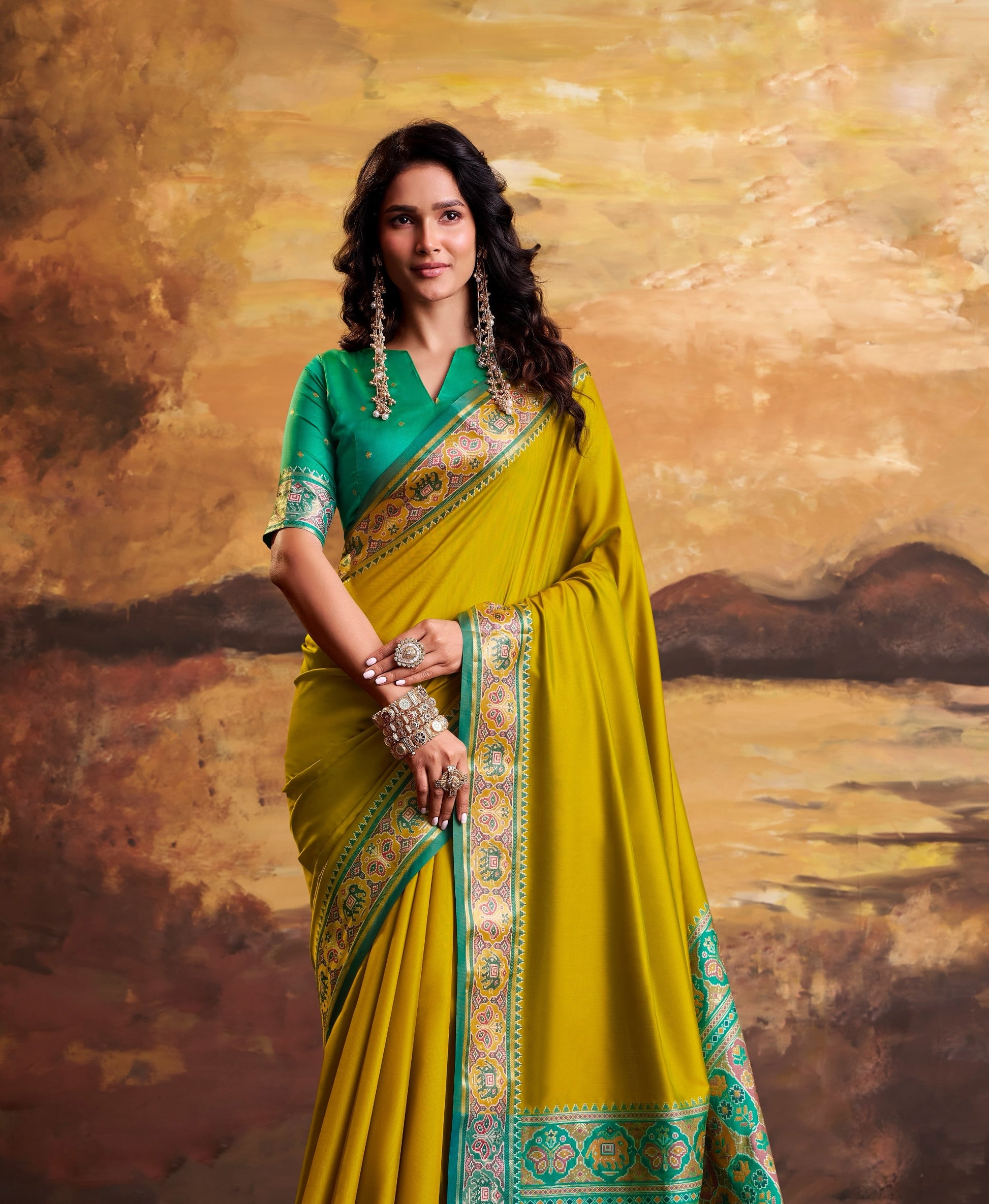 Lime Yellow Patola Silk Ready To Wear/Easy Saree by Stylebypanaash 