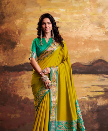 Lime Yellow Patola Silk Ready To Wear/Easy Saree by Stylebypanaash 