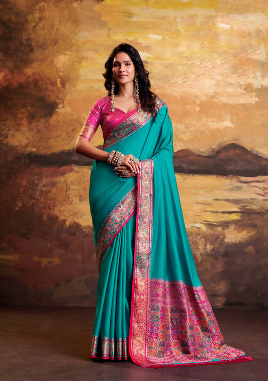 Turquoise Blue Patola Silk Ready To Wear/Easy Saree by Stylebypanaash 