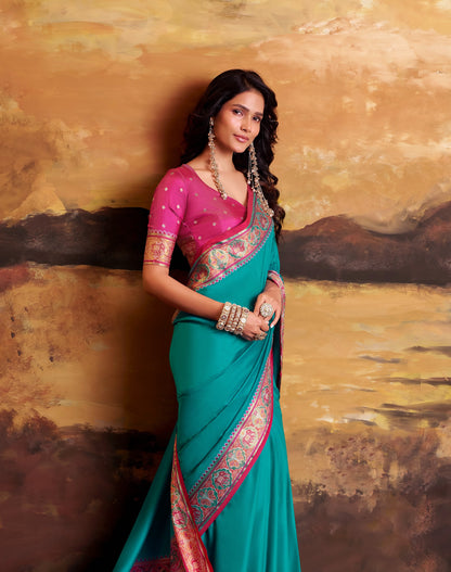 Turquoise Blue Patola Silk Ready To Wear/Easy Saree by Stylebypanaash 
