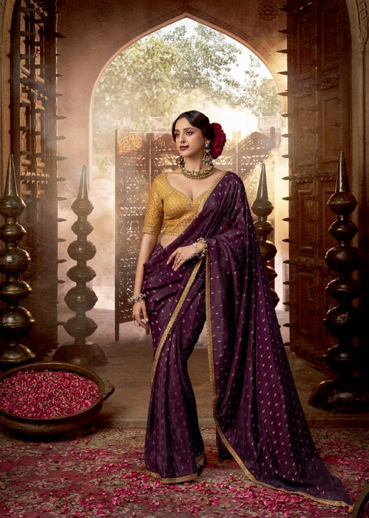 Wine Color Soft Banarasi Silk Readymade/Easy Saree
