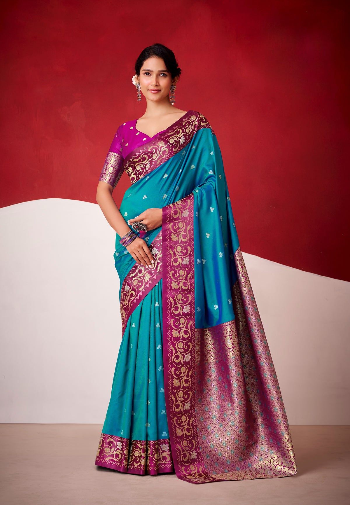 Satin silk ready-to-wear saree, blue with magenta blouse and ornate border