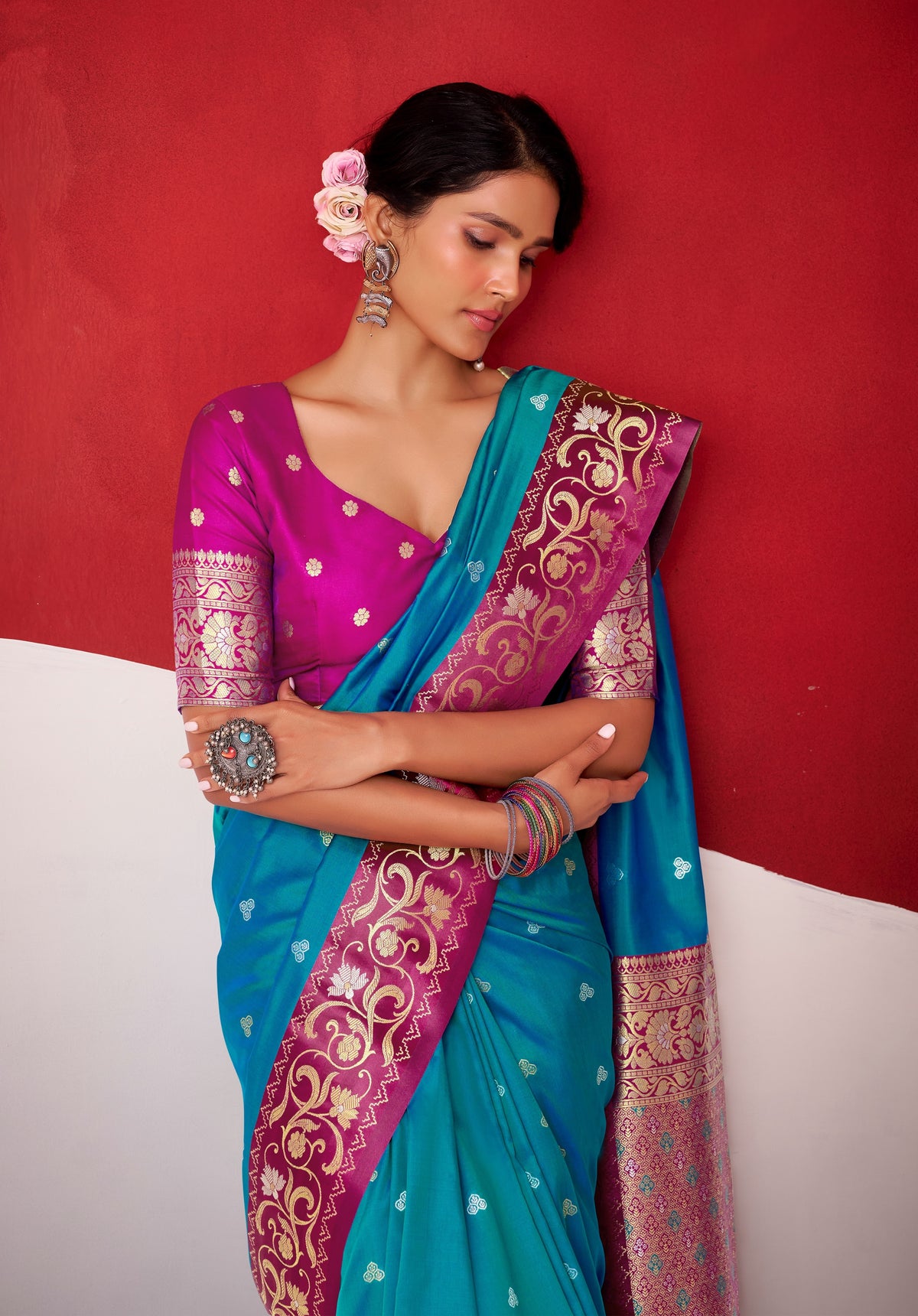 Satin silk ready-to-wear saree, blue drape with magenta embroidered pallu detail