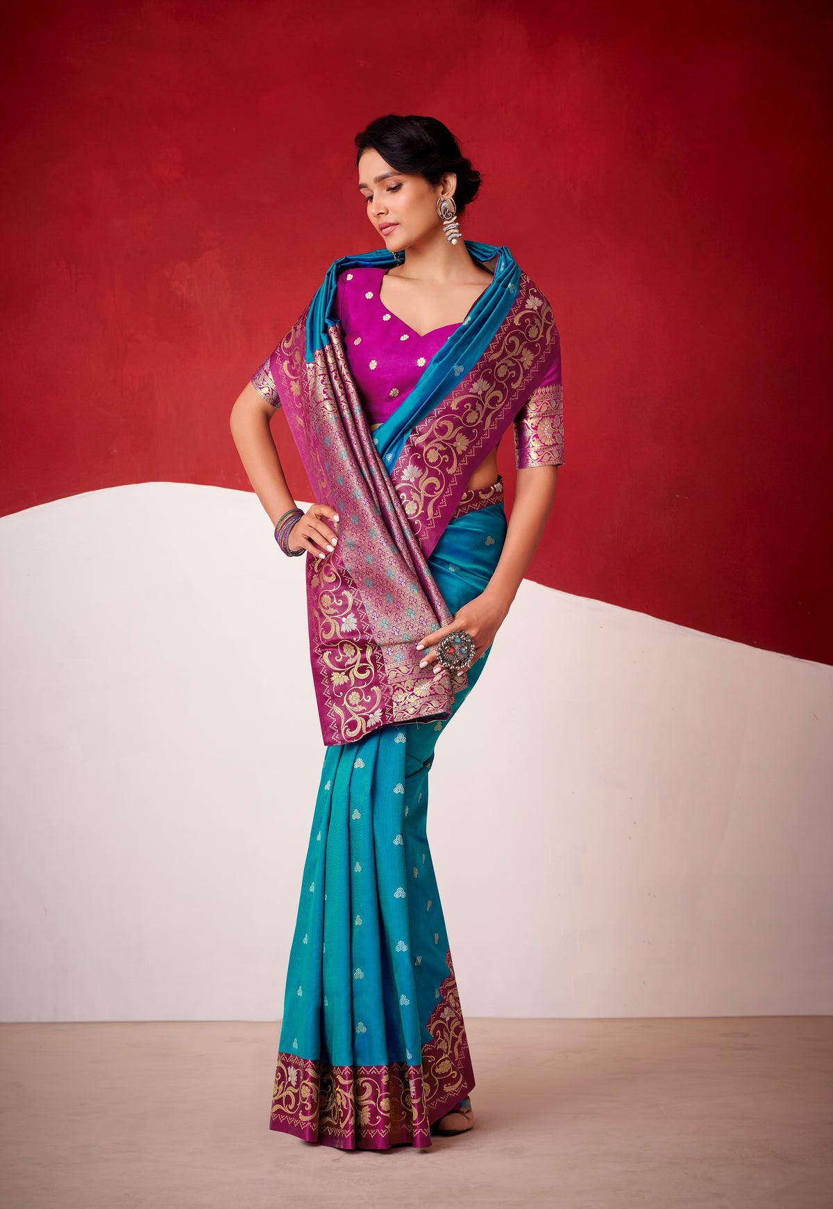 Satin silk ready-to-wear saree, blue with magenta patterned blouse and drape