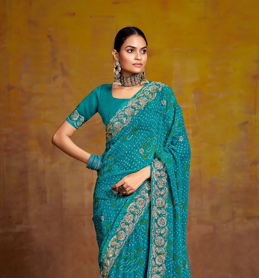 Turquoise Georgette Readymade/Easy Saree