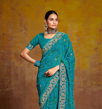 Turquoise Georgette Readymade/Easy Saree