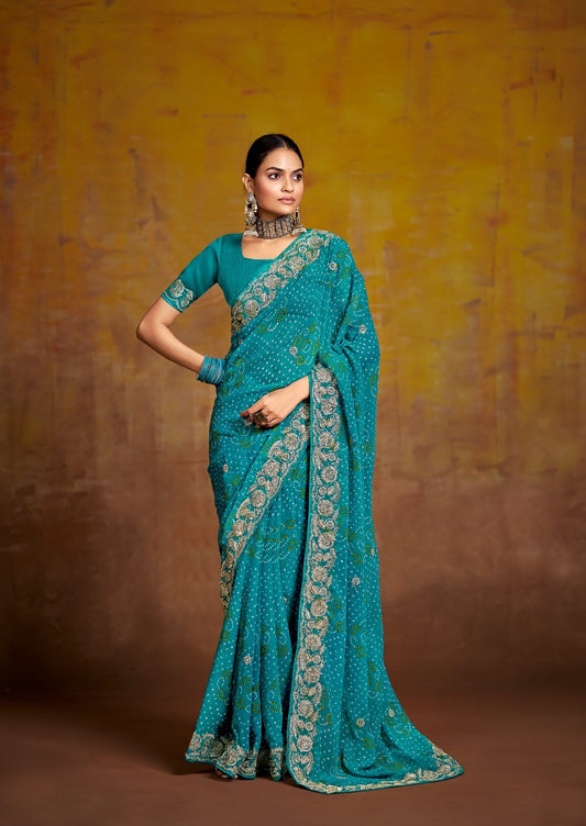 Turquoise Georgette Readymade/Easy Saree