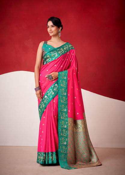 Fuchsia and teal satin silk ready-to-wear saree with ornate border