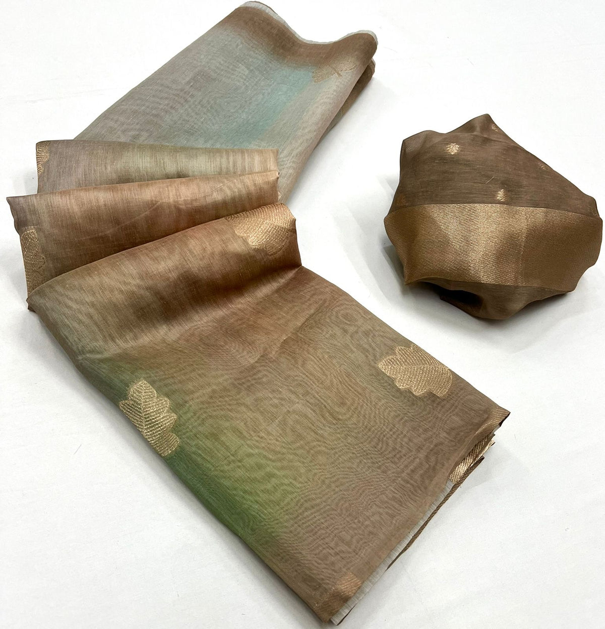 Champagne gold printed linen ready-to-wear saree with leaf motifs and contrast border