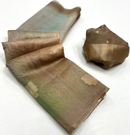 Champagne gold printed linen ready-to-wear saree with leaf motifs and contrast border
