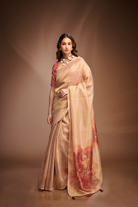 Rose Gold Floral Crushed Tissue Silk Readymade/Easy Fancy Saree