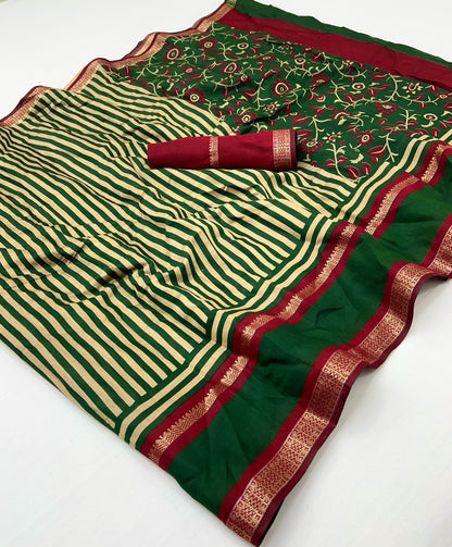 Green Striped Mul Cotton Ready To Wear/Easy Saree