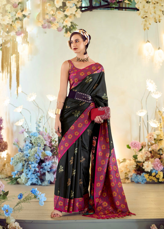 Black Color Soft Banarasi Ikkat Silk Fancy Readymade/Easy Saree