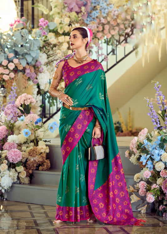 Green Color Soft Banarasi Ikkat Silk Fancy Readymade/Easy Saree