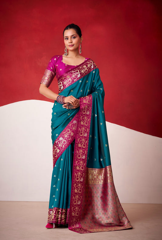 Teal satin silk saree with magenta embellished border and paisley print