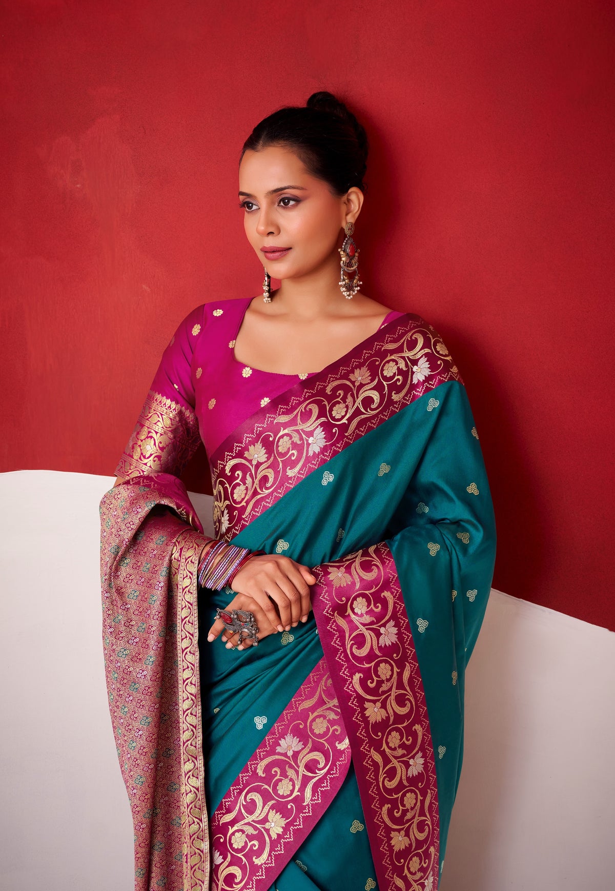 Teal easy saree in satin silk with magenta paisley border and pallu detail