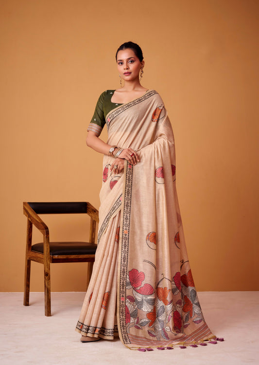 Warm Beige Cotton Easy/Readymade Saree