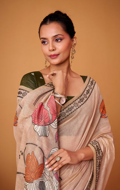 Warm Beige Cotton Easy/Readymade Saree