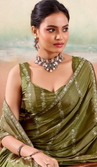 Olive Green Georgette Readymade/Easy Saree - Panaash Saree