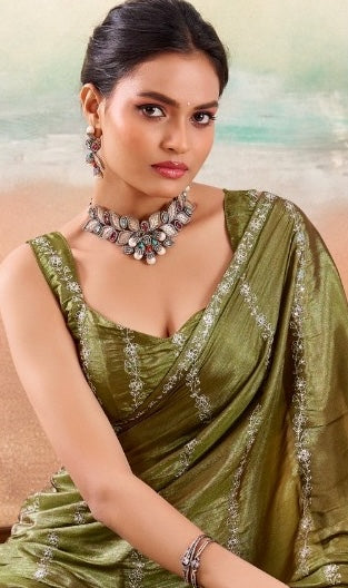 Olive Green Georgette Readymade/Easy Saree - Panaash Saree