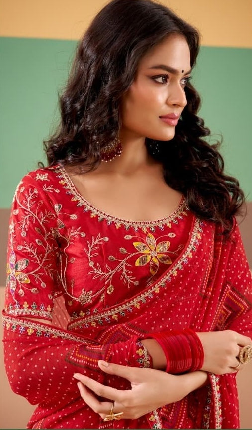 Red Georgette Readymade/Easy Saree - Panaash Saree