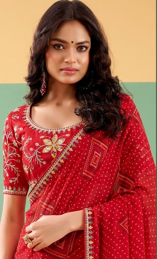 Red Georgette Readymade/Easy Saree - Panaash Saree