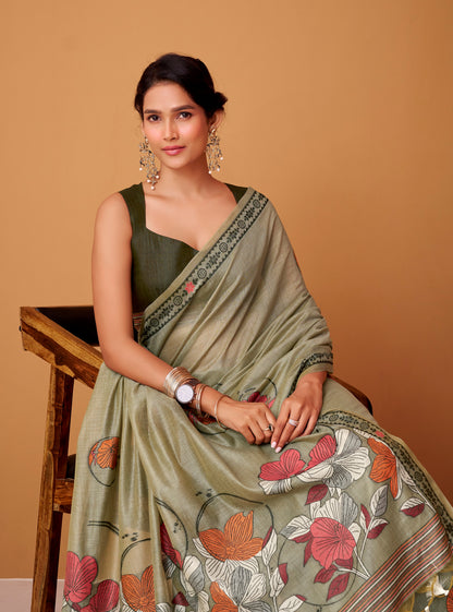 Sage Green Cotton Ready To Wear/Easy Saree