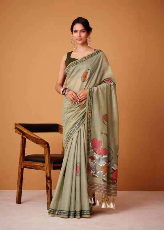 Sage Green Cotton Easy/Readymade Saree