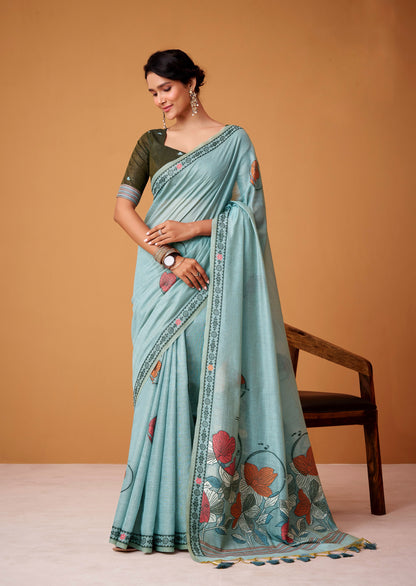 Light Blue Cotton Easy/Readymade Saree
