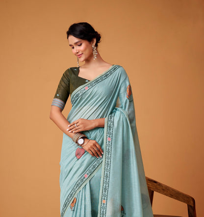 Light Blue Cotton Easy/Readymade Saree