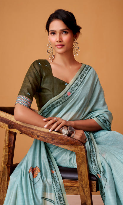 Light Blue Cotton Ready To Wear/Easy Saree