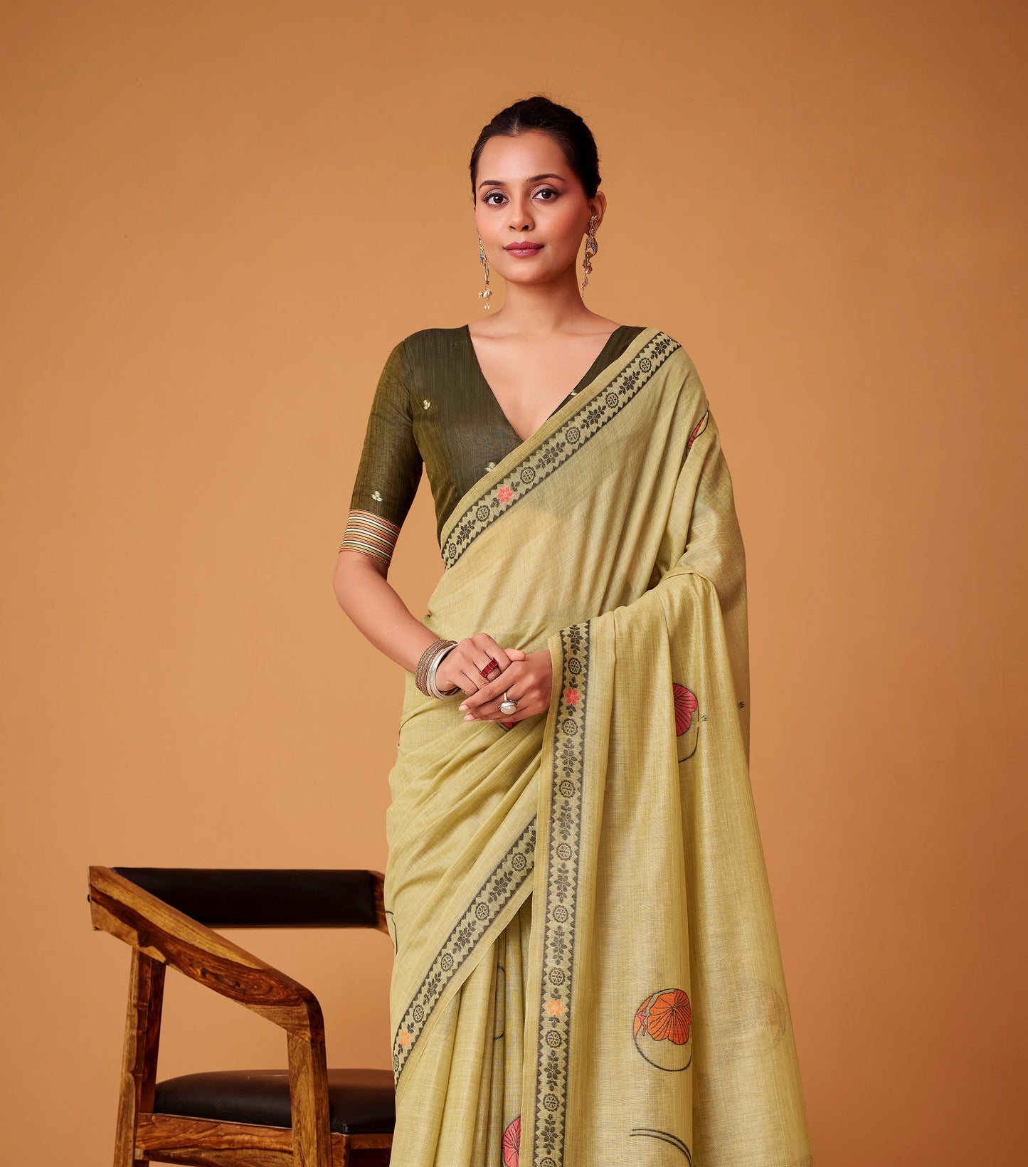 Light Olive Green Cotton Ready To Wear/Easy Saree