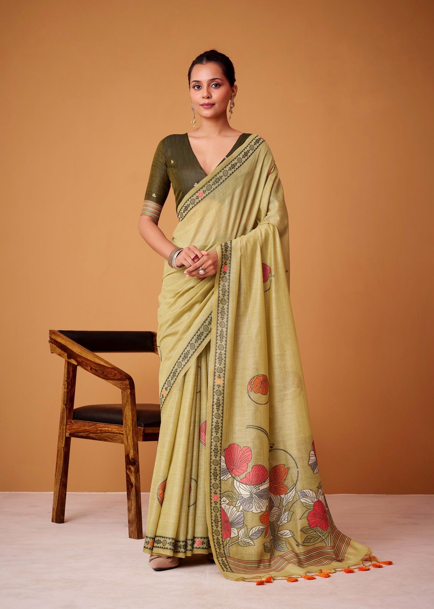 Light Olive Green Cotton Ready To Wear/Easy Saree