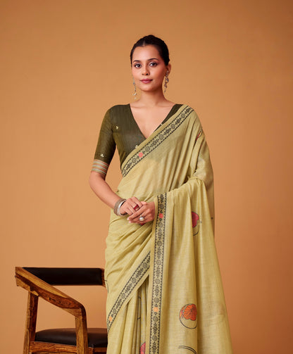 Light Olive Green Cotton Easy/Readymade Saree