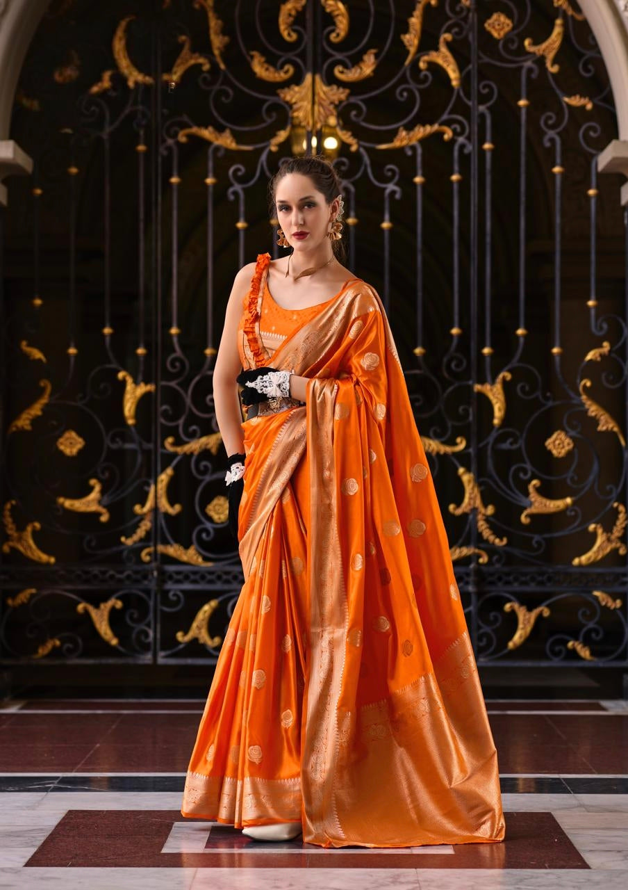 Orange Satin Silk Readymade/Easy Saree - Panaash Saree