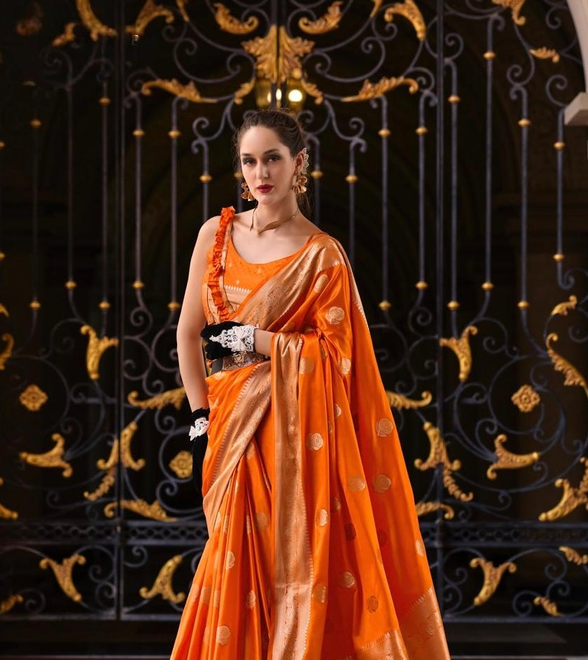 Orange Satin Silk Readymade/Easy Saree - Panaash Saree