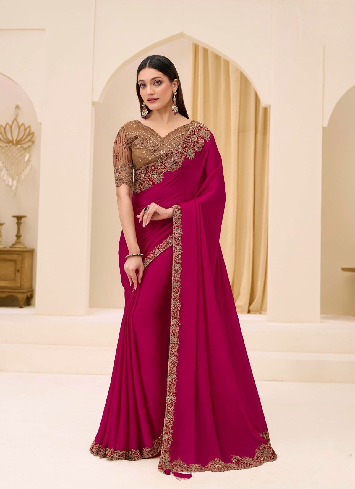 Ruby Red Cocktail Party Wear Readymade Saree
